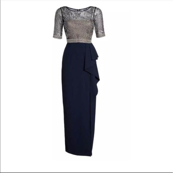 NEW Adrianna Papell Beaded Cascading Ruffle Gown in Midnight Blue‎ [SZ 4 4P ] - Picture 4 of 11